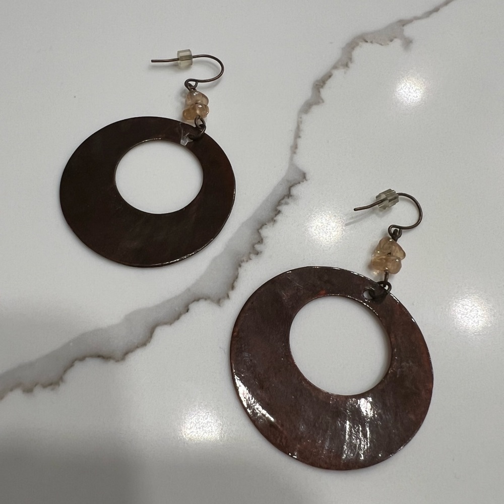Brown Seashell Circular Drop Earrings Antique Gold Hook w/ Tan Wooden Beads